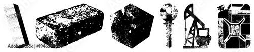 Vector set of industrial symbols brick, cube, key, pumpjack, fuel canister, halftone texture,, construction, energy, machinery.