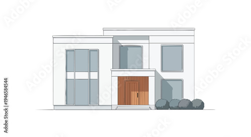 Modern minimalist two-story house illustration with white facade and large windows