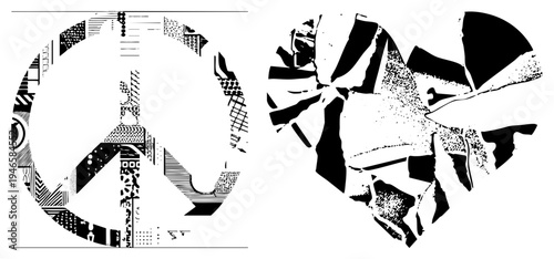 Graphic art featuring peace symbol with segments and shattered heart in halftone, bold black and white vector illustration, modern minimalist design.