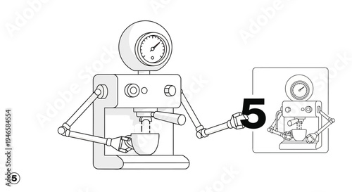 Coffee robot making espresso, futuristic barista machine serving coffee, technology and beverage concept illustration