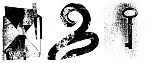 Bold black and white vector graphics fractured geometric form, stylized number two, antique key. Grunge texture, halftone shading, isolated design elements.
