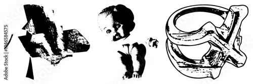 Stylized baby doll with round eyes and chubby limbs, paired with abstract fragmented shapes and a curved pretzel like form, all rendered in high contrast black and white vector art.