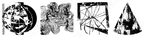 Fragmented spherical, topographic, cracked frame, and shapes rendered in high contrast vector style. Graphic design elements with glitch, texture, and distortion effects.