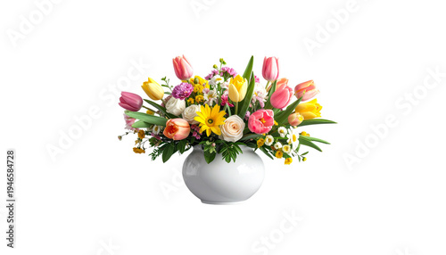 Beautiful spring bouquet of colorful tulips and Easter eggs arranged in a vase as a floral gift decoration for a blooming nature celebration