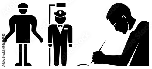 Black silhouette showing passenger, train conductor, and writer in profile, minimalist vector style, isolated characters, conceptual roles, symbolic representation.