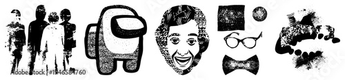 Stylized human figures, Among Us character, face, glasses, bowtie, abstract shapes rendered in halftone texture. Isolated vector graphics with gritty, vintage aesthetic.