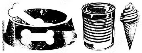 Black and white halftone of dog bowl, pet food can, and ice cream cone, stylized graphic design, pet care and food items, vintage screen printed aesthetic.