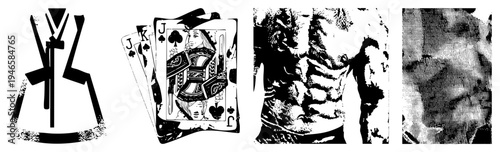 Stylized playing cards with queen and jack, abstract geometric shapes, muscular torso silhouette, halftone texture, vector art, isolated foreground.