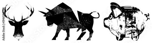 Graphic symbols of deer head, charging bull, and piggy bank rendered in halftone texture, vector art, financial and nature motifs, illustration.