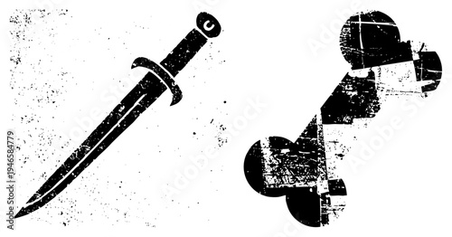Black and white vector featuring a dagger and skullbone, distressed vintage style, graphic design elements, isolated symbols, halftone texture, glyph art.