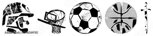 Stylized sports symbols including hoop, soccer ball, basketball, and sword in halftone texture, graphic design elements for branding or use.