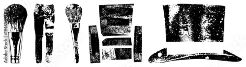 Cosmetic brushes, makeup applicators, beauty tools in halftone style, flat vector design, isolated foreground elements, artistic texture, beauty industry graphics.