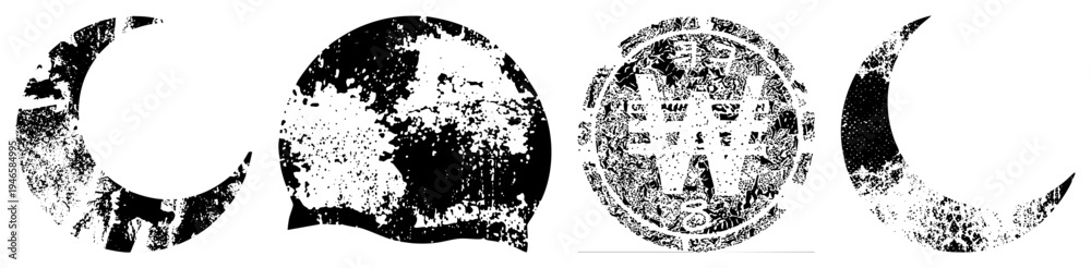 Obraz premium Four moon phases with distressed textures, moon, full moon, waning moon, lunar cycle, black and white vector art, celestial symbols.