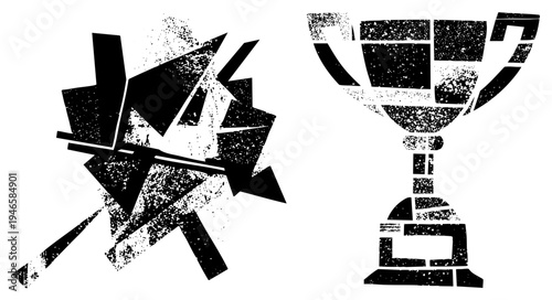 Stylized trophy and angular arrow graphic, halftone textured vector design, modern minimalism, black and white illustration, competitive symbolism.