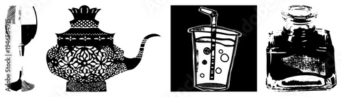 Vintage wine glass with halftone shading, intricate teapot with, carbonated drink with straw, glass inkwell, vector art, isolated foreground elements.