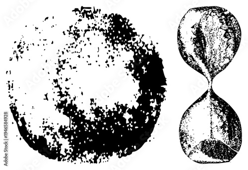 Grunge halftone moon and hourglass, retro sci fi elements, abstract cosmic symbols, distressed vector art, time and space motifs.
