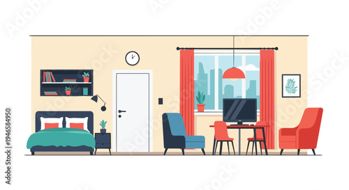 A contemporary and comfortable studio apartment design featuring a bedroom and integrated living workspace perfect for modern urban dwelling