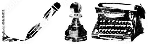 Classic writing implements including pencil with shavings, chess pawn, and vintage typewriter rendered in halftone dot, ideal for retro design projects.