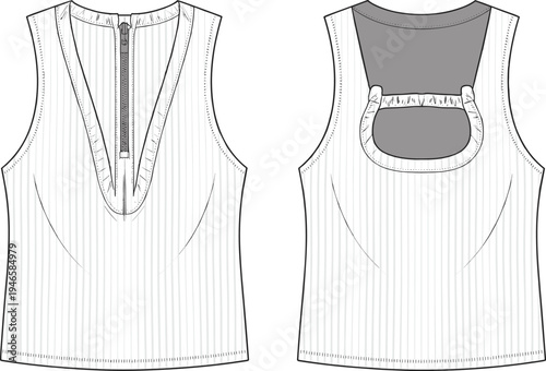 Sleeveless women’s top, deep V-neck zipper blouse, pinstripe fashion design, back cut-out detail, elastic gathered keyhole, stylish technical flat sketch