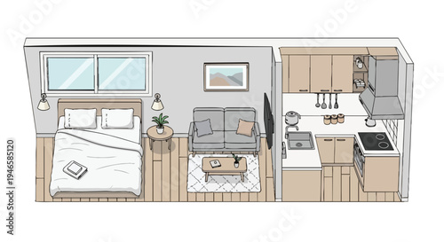 Modern minimal studio apartment layout illustration cozy compact living space plan design contemporary housing concept small dwelling detailed