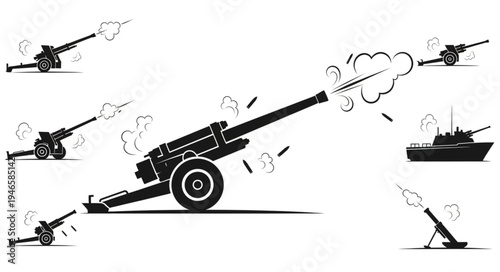 Artillery cannons firing with smoke and explosions.