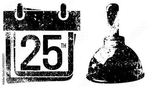 Retro calendar showing 25th date alongside plunger symbol, distressed texture, graphic, flat design, symbolic illustration.