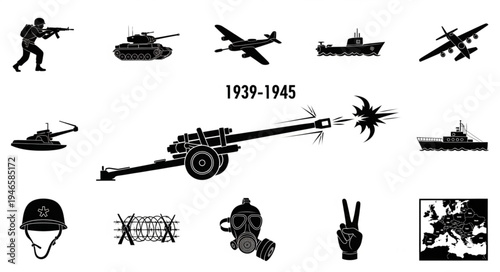 World War II military equipment and symbols collection.