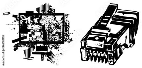 Retro computer monitor with pixelated screen, ethernet network plug, digital tech, black and white vector, tech hardware, isolated graphic elements.