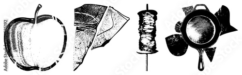 Black and white halftone illustrations of, leaf, skewer, skillet graphic design elements, vector, stylized food items,.