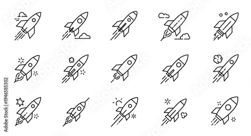 Collection of hand drawn rocket ship icons in doodle style.