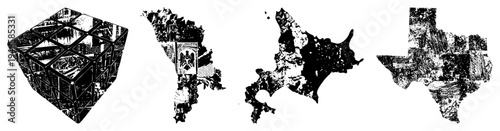 Vector map art using fragmented within geographic, collage style, stylized regions, artistic cartography, texture based mapping.