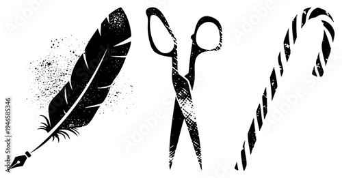 Classic writing instrument, precision scissors, decorative ribbon vector for creative projects,, or design elements.