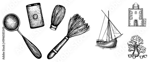 Hand drawn collection of culinary utensils, traditional brush, sailboat, stone tower, ceramic pitcher, and olive tree classic etching style,, artistic sketch.