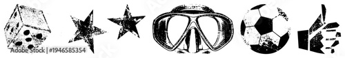 Vintage distressed including die, star, snorkel gear, football, and approval gesture, ideal for retro gaming, sports, or feedback UI.