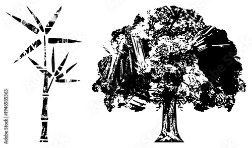 Black and white vector illustration of bamboo stalk with leaves and full canopied tree, halftone texture, graphic design elements, isolated foreground.