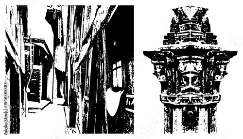 High contrast vector alley scene with textured walls, window, and ornate column capital, halftone effect, urban decay aesthetic, architectural cutout.