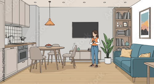 Modern minimalist open-plan apartment interior with integrated kitchen, dining, and living areas featuring a young person utilizing a smartphone in