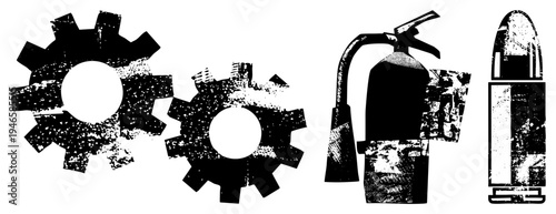 Mechanical gears with distressed texture, fire extinguisher with spray nozzle, bullet, vector art, industrial safety, mechanical design, halftone grit.