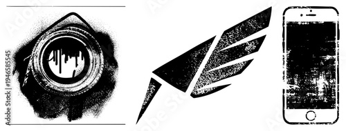 Vector graphic trio spray painted lens with drip effect, angular feather emblem, and distressed smartphone. Urban art, stencil style, graphic design elements.