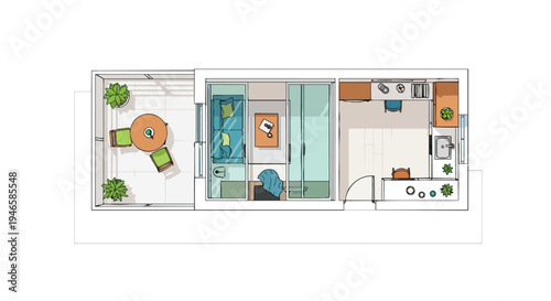 Modern compact apartment floor plan with living kitchen and balcony designed for efficient urban dwelling and spatial utilization