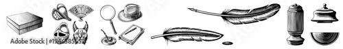 Classic writing tools including quill, inkwell, magnifying glass, notebook, and ornate hat, rendered in detailed black and white art, ideal for retro design or historical illustration projects.