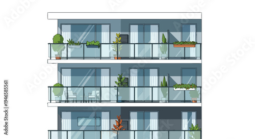 Modern urban apartment building facade with contemporary glass balconies and lush greenery providing a refreshing residential environment,