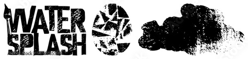 Text “WATER SPLASH” with paintbrush, distressed typography, shattered circular motif, ink blot texture ideal for motion graphics or design.