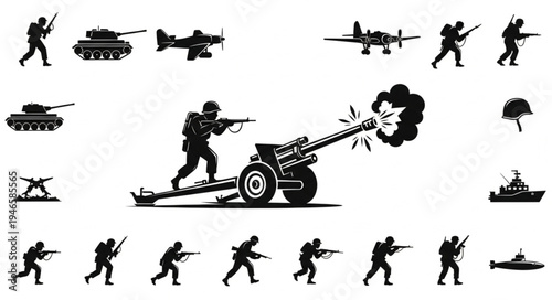 Military conflict and warfare symbols collection.