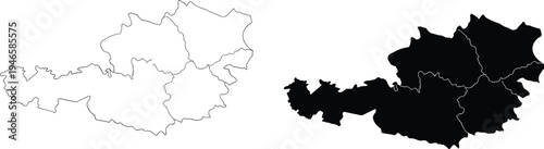 Two stylized maps of Austria showing federal states in silhouette and outline variations, useful for geography, education, cartography, and design projects