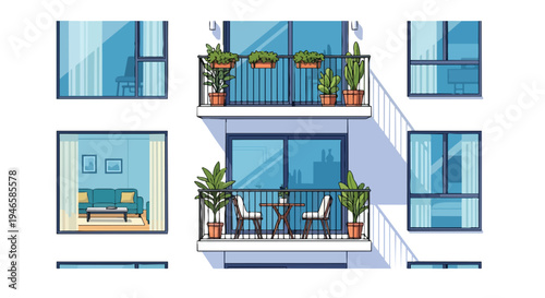 Modern apartment building facade showing balconies with plants and furniture, and windows with interior views, capturing urban comfort and green