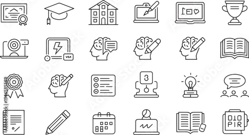 Collection of flat design vector icons representing education home office and daily activities