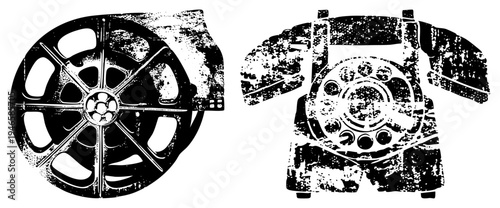 Retro film reel and rotary phone rendered in gritty halftone stencil, analog communication and cinema nostalgia, black and white vector art.