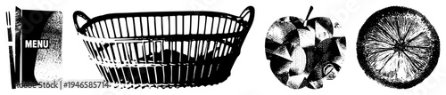 Vector illustrations of menu book, wire basket, geometric, and citrus section, rendered in halftone style with bold and tones.