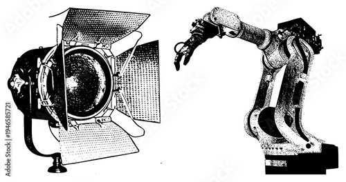 Halftone rendered studio lighting fixture and articulated robotic arm, technical vector art, isolated mechanical components, industrial automation equipment.